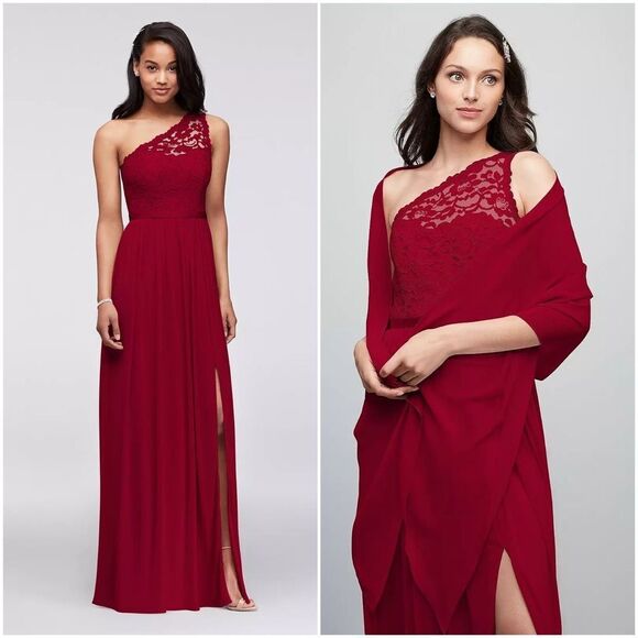 David's Bridal One Shoulder Lace Bodice Long Maxi Dress Size 22 Apple Red - Picture 1 of 14